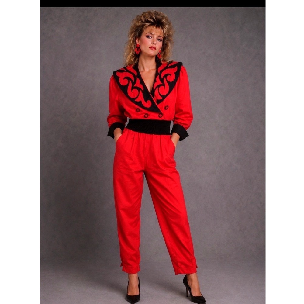 80's Vintage Jumpsuit Side Effects   Red Black Sz S New Wave Punk